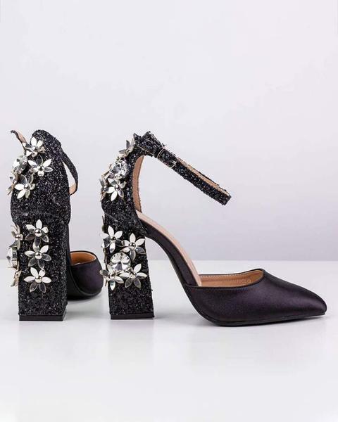 Fabienne - Black Heeled Sandal With Diamonds And Flowers