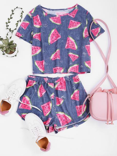 Watermelon Print Frayed Dot Tee And Shorts Set