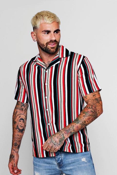 Vertical Stripe Short Sleeve Revere Shirt