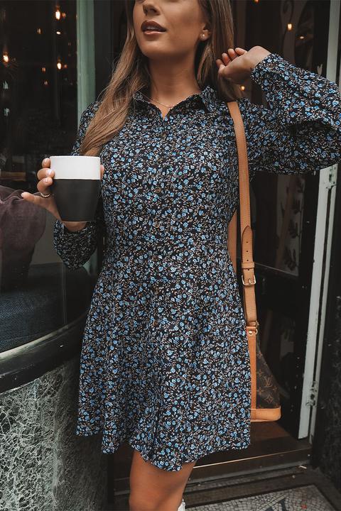 Blue Dresses - Dani Dyer Blue Floral Print Skater Shirt Dress