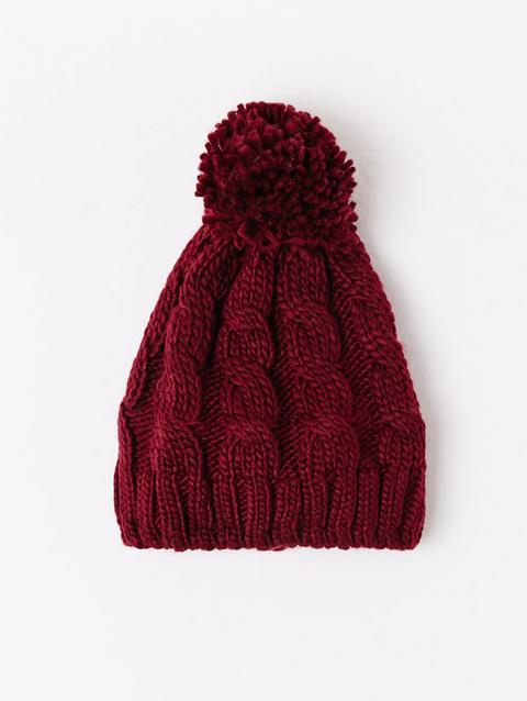 Berretto A Trecce Con Pompon Bordeaux