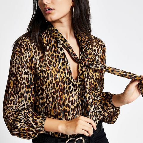 Brown Leopard Print Tie Neck Blouse