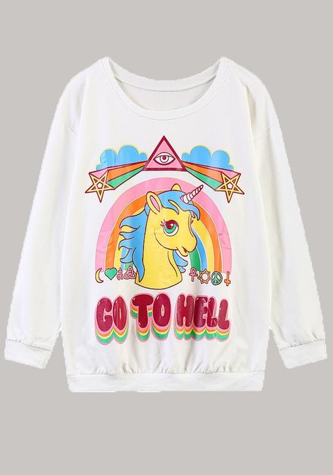 Felpa Monogramma Andare All'inferno Stampa Unicorno Taglia Grossa Manica Lunga Carina Bianca
