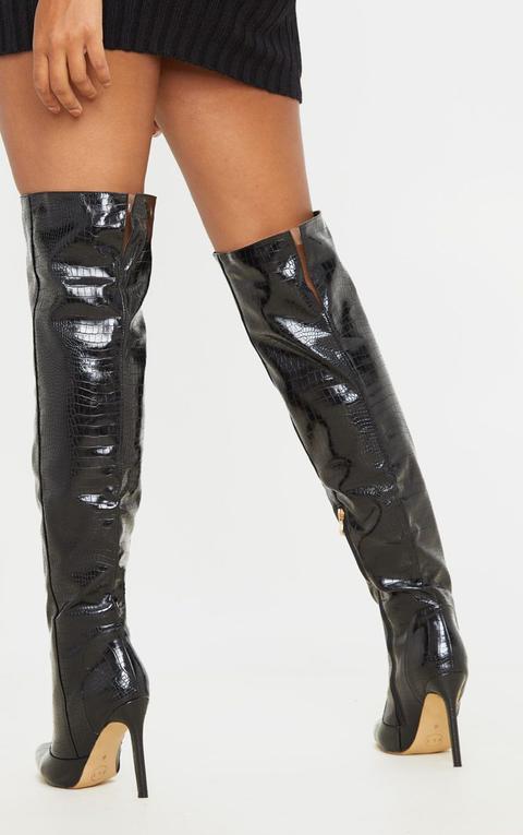 black croc knee high boots