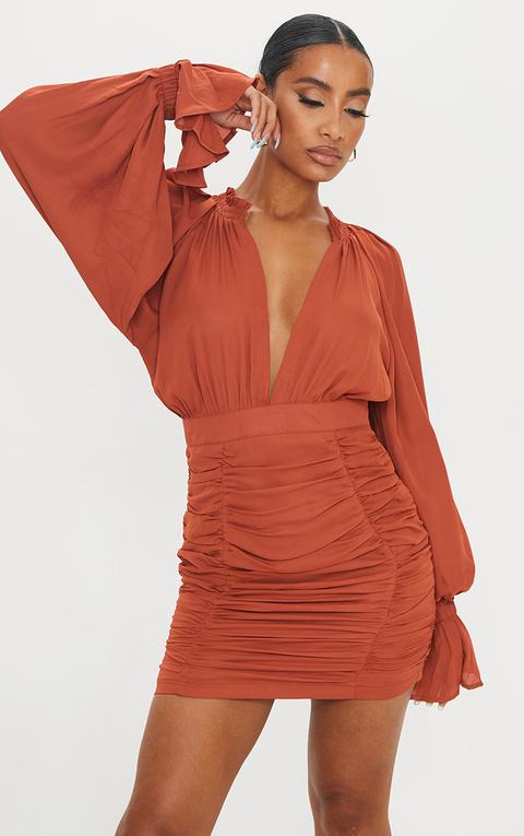 Rust Chiffon Plunge Ruched Balloon Sleeve Bodycon Dress