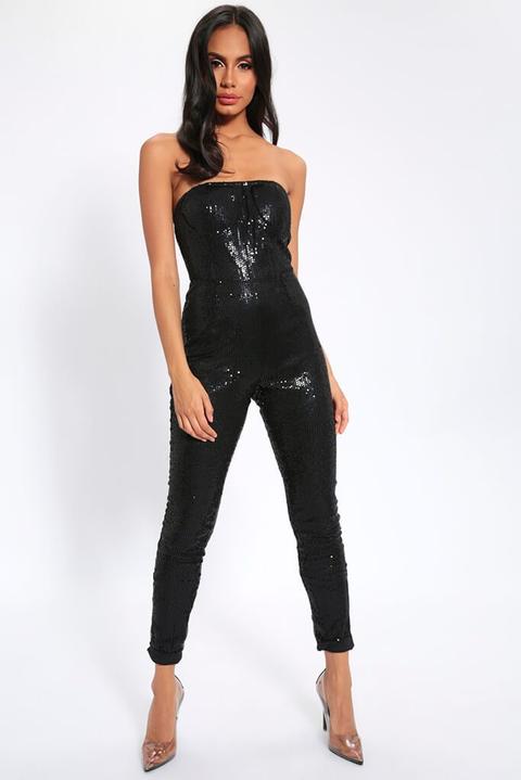 Black Sequin Strapless Unitard