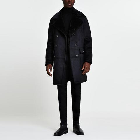 Black Suedette Shearling Peacoat