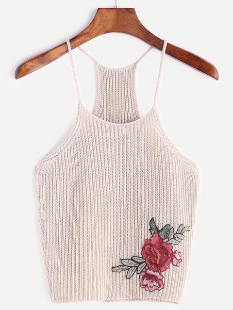 Beige Camiseta Sin Mangas De Moda Con Bordados Florales