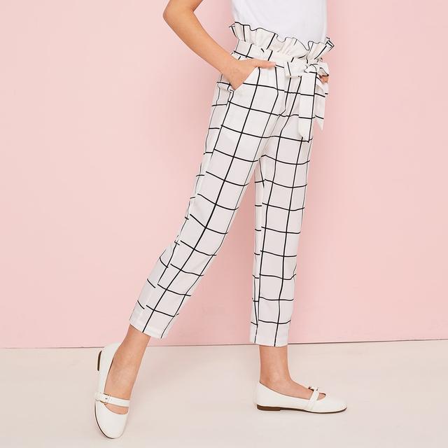 Girls Paperbag Waist Slant Pocket Grid 