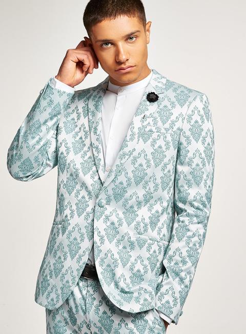 Mens Green Mint Jacquard Super Skinny Suit Jacket, Green