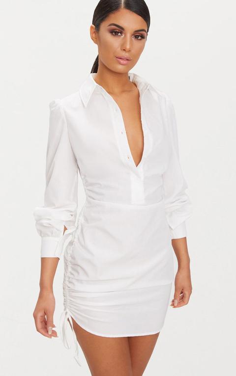 Ruched Side Fitted Shirt Dress, White