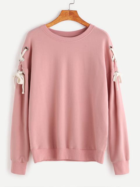 Drop Shoulder Eyelet Lace Up Sweatshirt