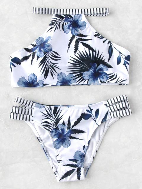 Flower Print Striped Trim Ladder Cutout Bikini Set