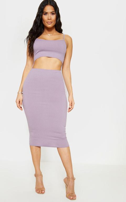 Violet Ribbed Cut Out Centre Strappy Midi Dress, Violet