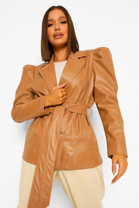 Womens Faux Leather Puff Shoulder Belted Jacket - Beige - 6, Beige