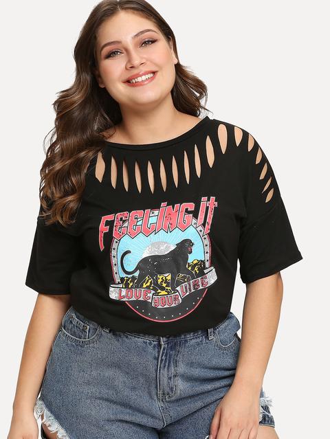 Camiseta Con Estampado De Letra Y Animal Con Abertura De Talla Grande