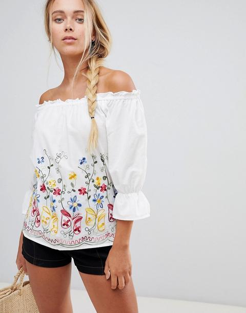 Qed London - Top Ricamato Con Spalle Scoperte - Bianco