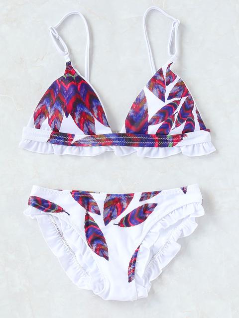 Set Bikini Con Estampado De Pluma Ribete Con Volantes - Blanco