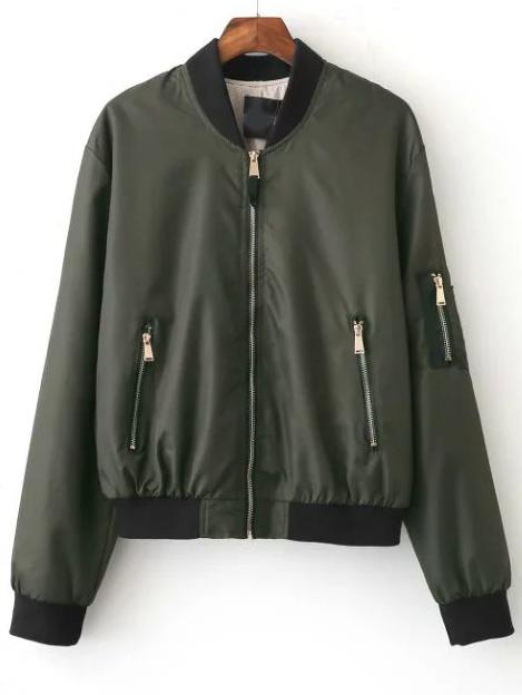 Dark Green Zipper Up Bomber Jacket