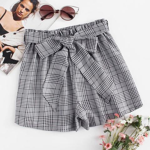 Plaid Shorts Mit Selbstbindung Um Die Taille