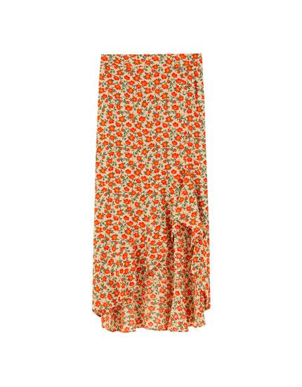 Falda Midi Flores Volante