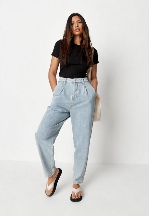 Light Blue High Waisted Pleated Slouch Jeans, Blue