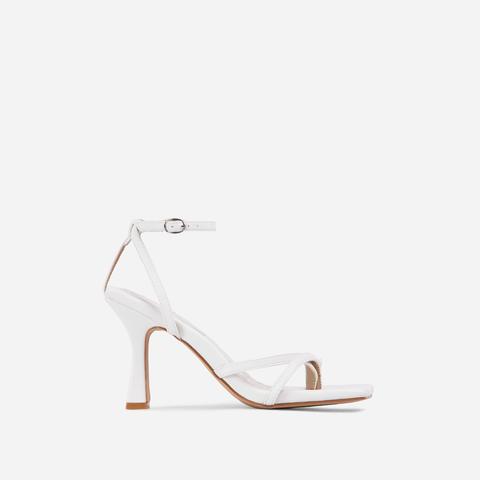 Gloss Toe Strap Detail Square Toe Heel In White Faux Leather, White