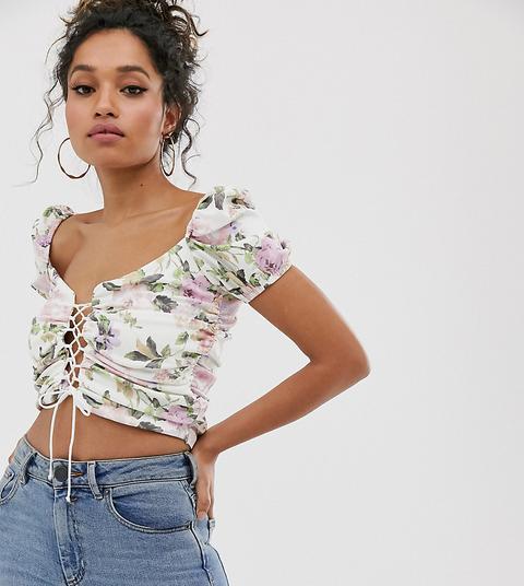 Top De Manga Abullonada Con Parte Delantera Acordonada Y Estampado Floral De Asos Design Petite-multicolor