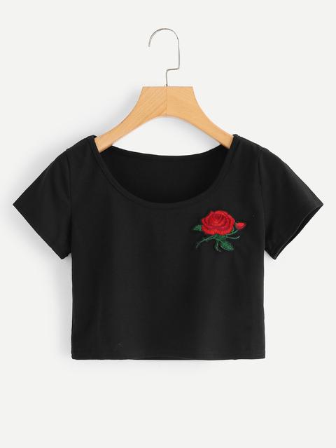 Rose Embroidery Crop Tee