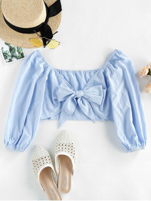 Zaful Knotted Front Crop Plunge Blouse Blue Gray