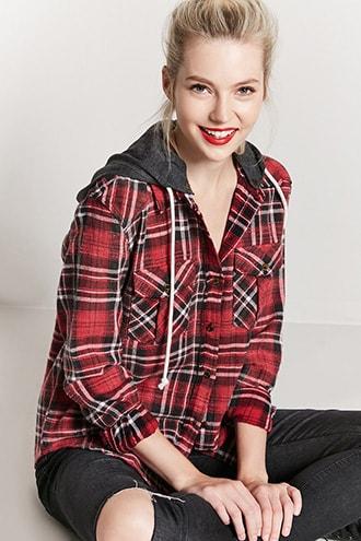 Forever 21 Hooded Plaid Flannel Shirt Red/black