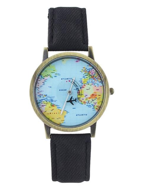 Faux Leather World Map Airplane Watch