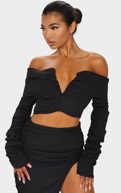 Black Woven V Bar Draped Front Ruched Sleeve Crop Top