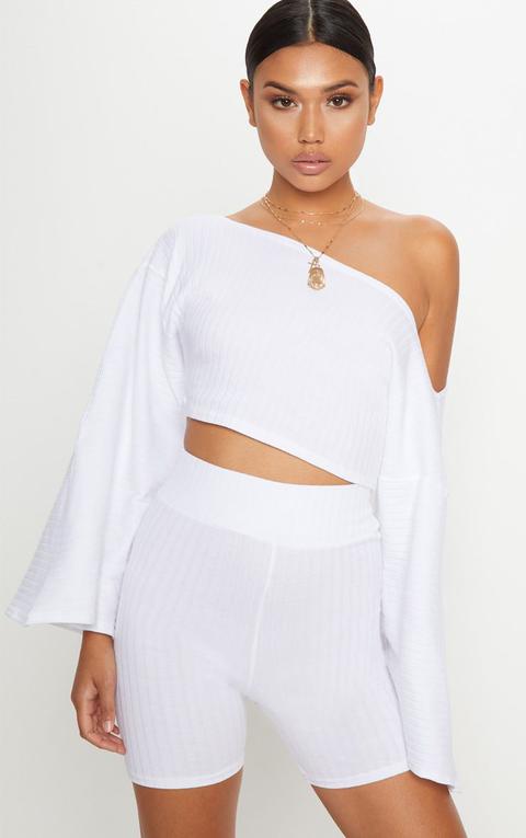 White Rib Off The Shoulder Crop Top