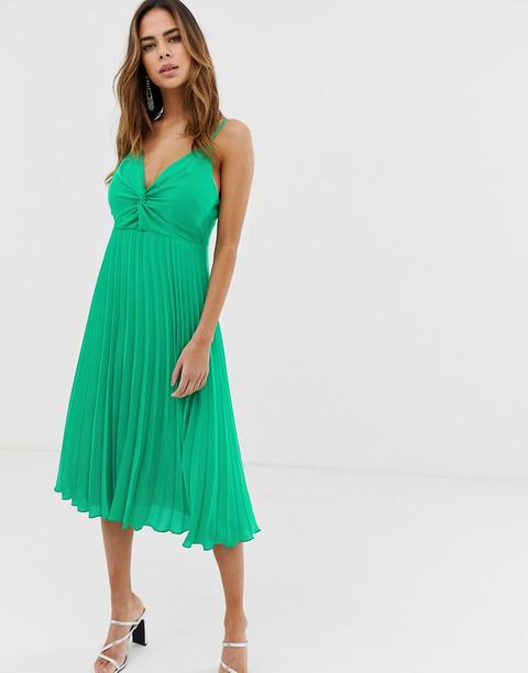 Vestido Camisola Midi Con Falda Plisada Y Corpiño Con Nudo De Asos Design-verde