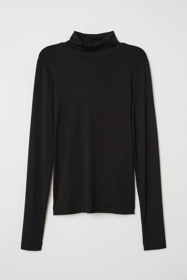 H & M - Jersey Polo-neck Top - Black