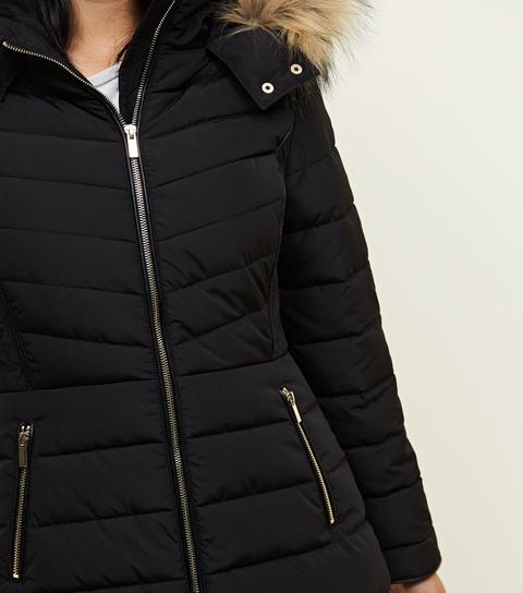 black faux fur hood fitted puffer jacket