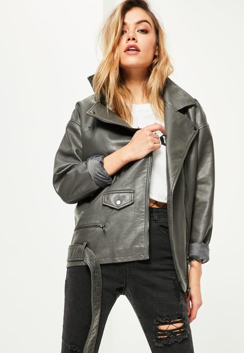 Grey Faux Leather Boyfriend Biker Jacket from Missguided on 21 Buttons