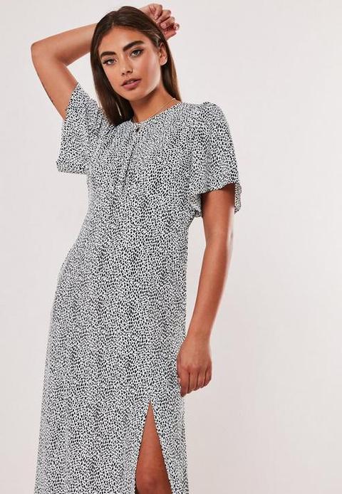 White dalmatian print flutter sleeve midi dress Clearance