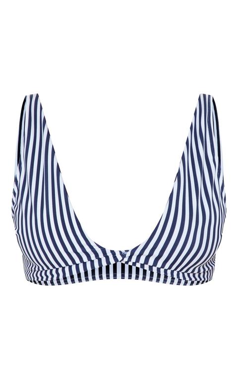 Navy And White Stripe Twist Plunge Bikini Top