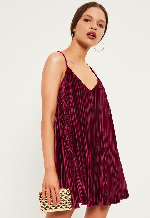 Petite Exclusive Burgundy Pleated Velvet Cami Dress