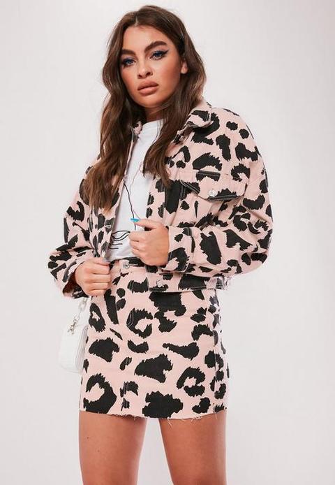 Pink Leopard Print Cropped Denim Jacket, Pink