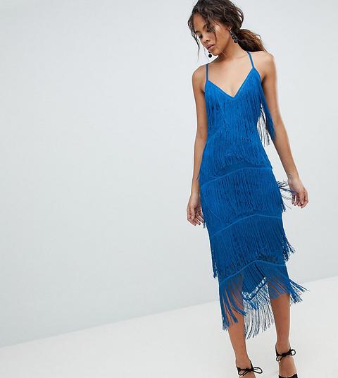 Vestido Midi Ajustado De Encaje Y Flecos Con Escote Pronunciado De Asos Design Tall
