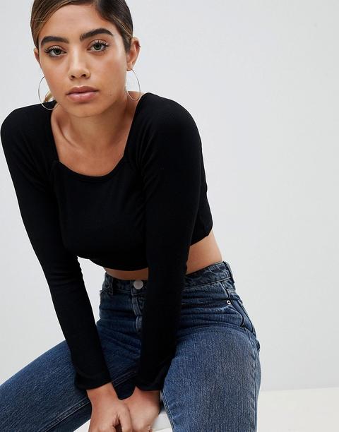 Asos Design Long Sleeve Square Neck Crop Top In Black