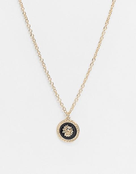 Topman Neckchain In Gold With Enamel Lion Head Pendant