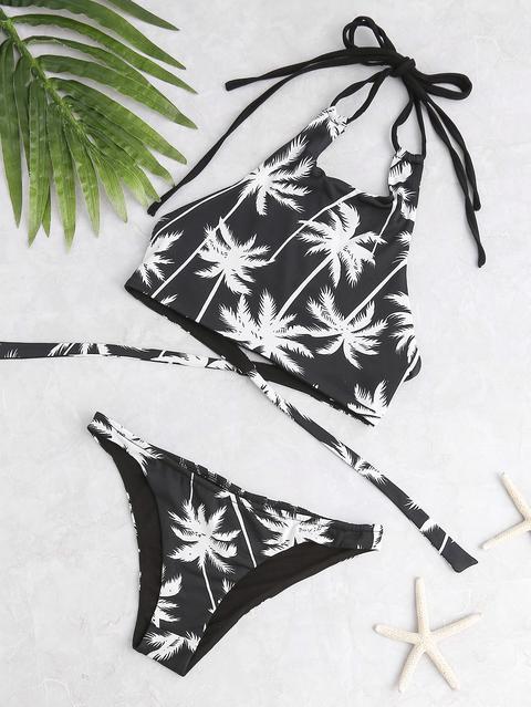 Top De Halter Con Estampado De Árbol De Coco Con Braguita