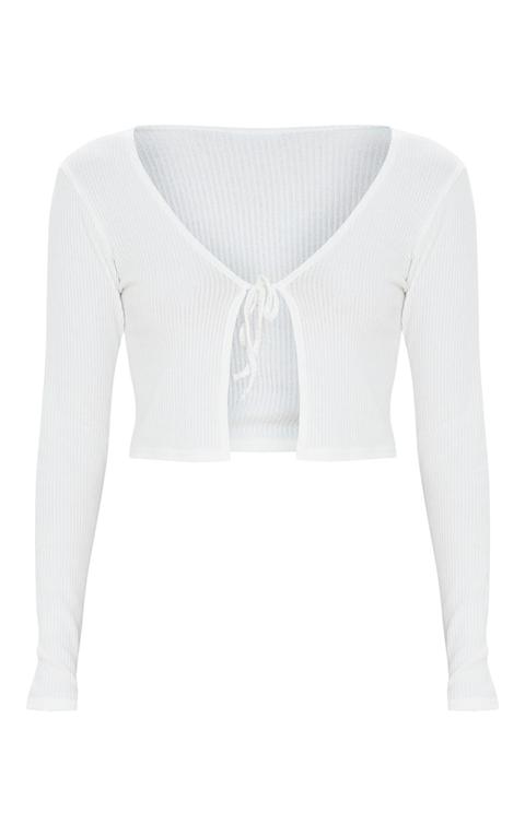 White Tie Front Ribbed Crop Top