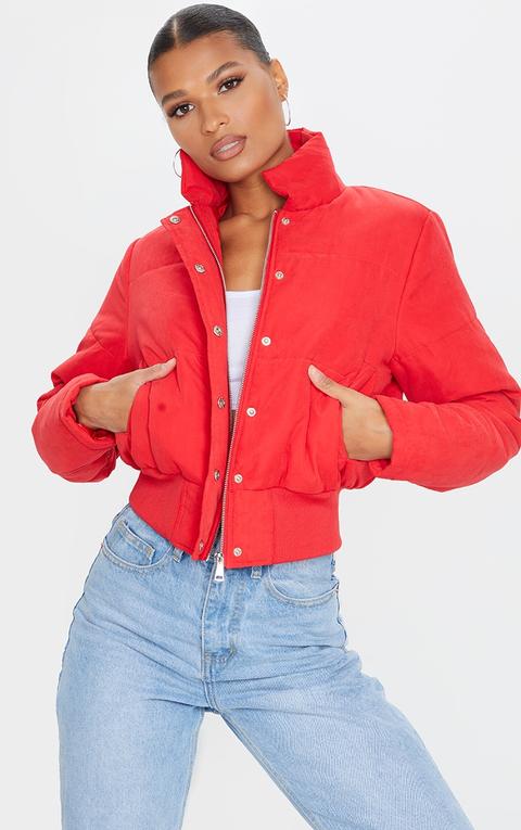 Red Peach Skin Cropped Puffer Jacket