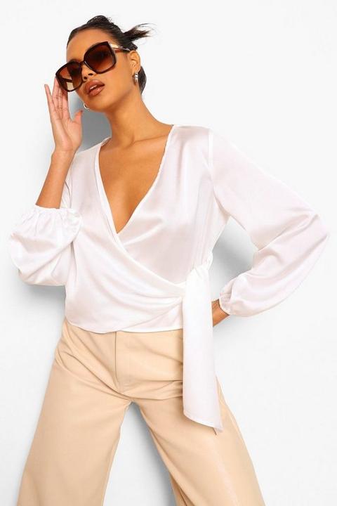 Blouse Cache-cœur En Satin - Blanc Ivoire - 34, Blanc Ivoire