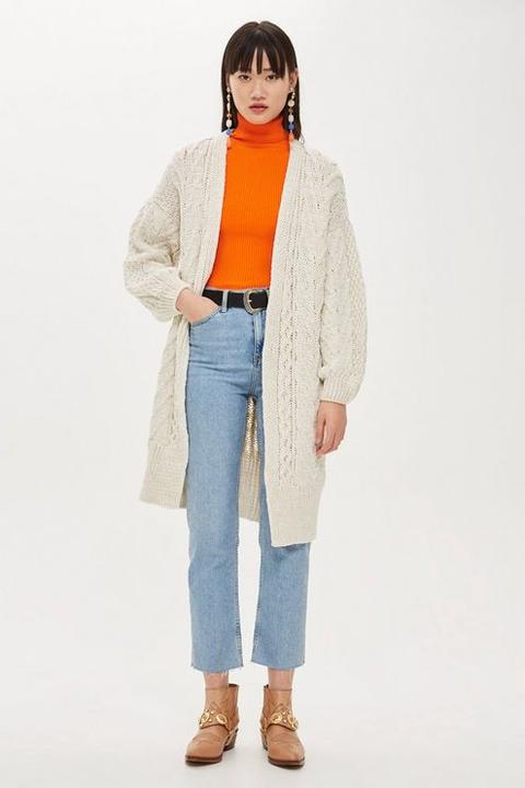 Womens Cable Knit Longline Cardigan - Oatmeal, Oatmeal